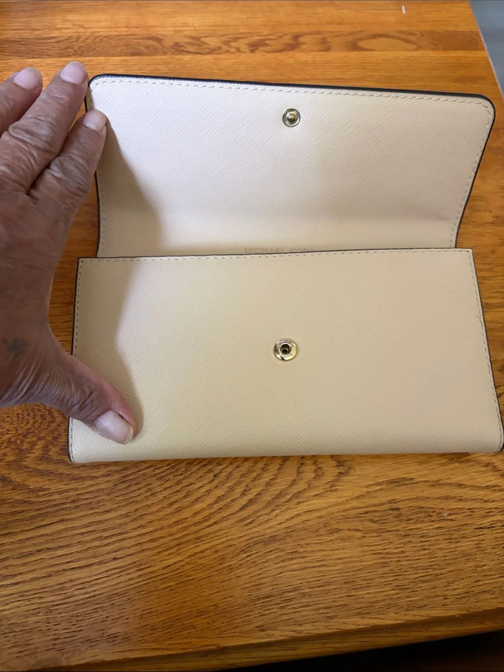 Michael Kors Light Cream Saffiano Leather Continental Wallet with Gold Logo